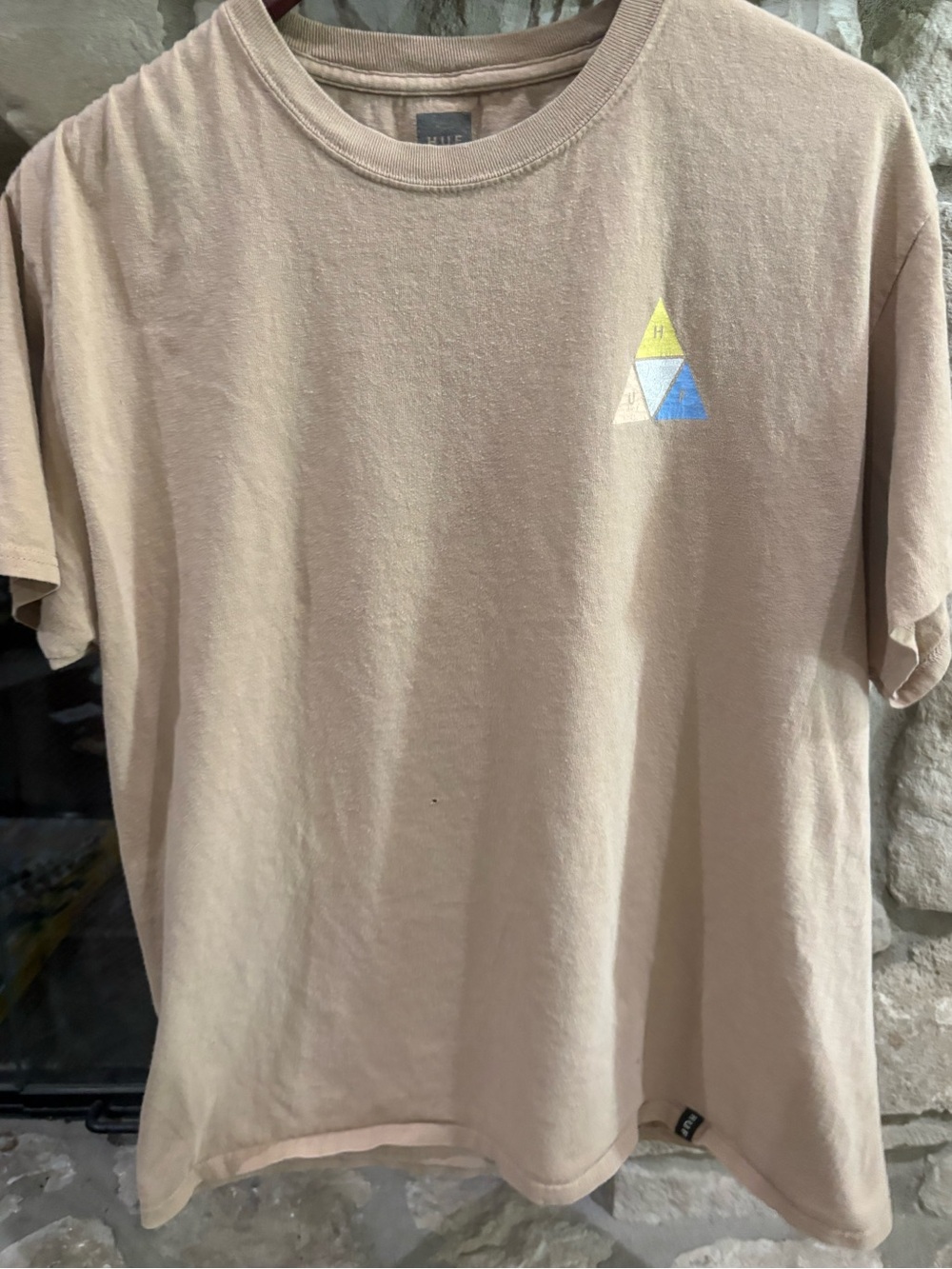 HUF Beige Short Sleeve Tee with Tri-Color Triangle Logo